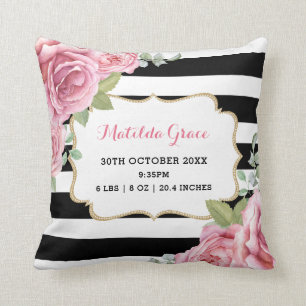 Pretty Pink Roses Paris Baby Girl Birth Stats Cushion
