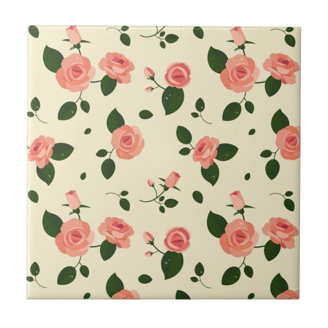 Pretty Pink Roses Pastel Pink Pattern Ceramic Tile (Front)
