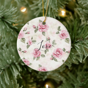 Pretty Pink Roses Romantic Love Ceramic Ornament