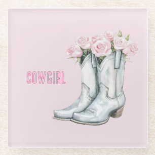Pretty Pink Roses Silver Cowgirl Boots Glass Coaster