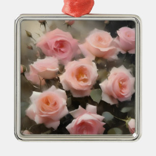 Pretty pink roses watercolor painting metal ornament