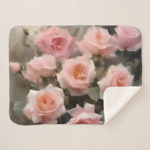 Pretty pink roses watercolor painting sherpa blanket