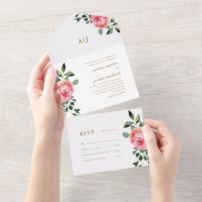 Pretty Pink Roses Wedding All In One Invitation (Tearaway)