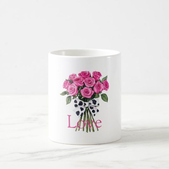 Pretty Pink Roses Western Cow Print Bow Coffee Mug (Center)