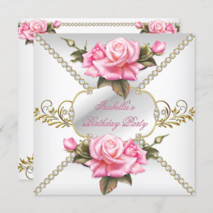 Pretty Pink Roses White Gold Birthday Party Invitation