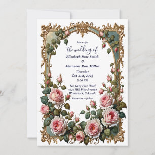 Pretty pink roses with elegant art frame wedding invitation