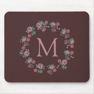 Pretty Pink Roses Wreath Burgundy Monogram Mouse Pad