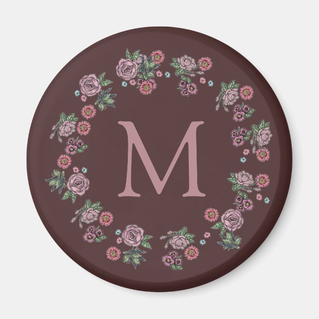 Pretty Pink Roses Wreath Monogram Magnet (Front)