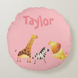Pretty Pink Safari Zebra Giraffe Lion Round Cushion