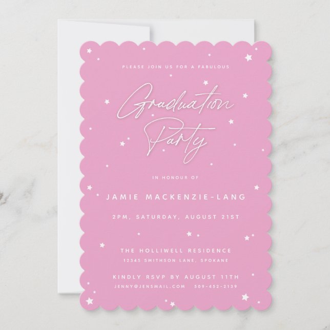Pretty Pink Script and Stars Graduation Party Invitation (Front)