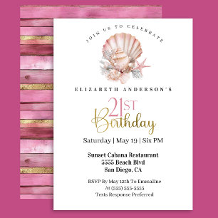 Pretty Pink Seashell and Pearls 21st Birthday Invitation
