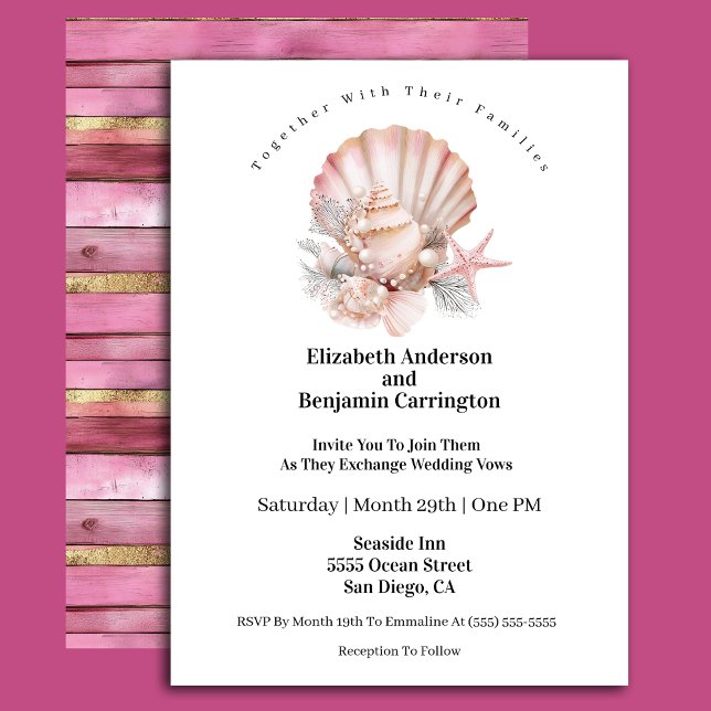 Pretty Pink Seashell and Pearls Wedding Invitation (Creator Uploaded)