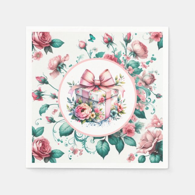 Pretty Pink Shabby Chic Floral Birthday  Napkin (Front)