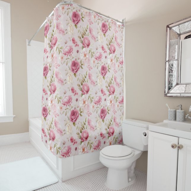 Pretty Pink  Shabby Chic Floral Pattern  Shower Curtain (In Situ)
