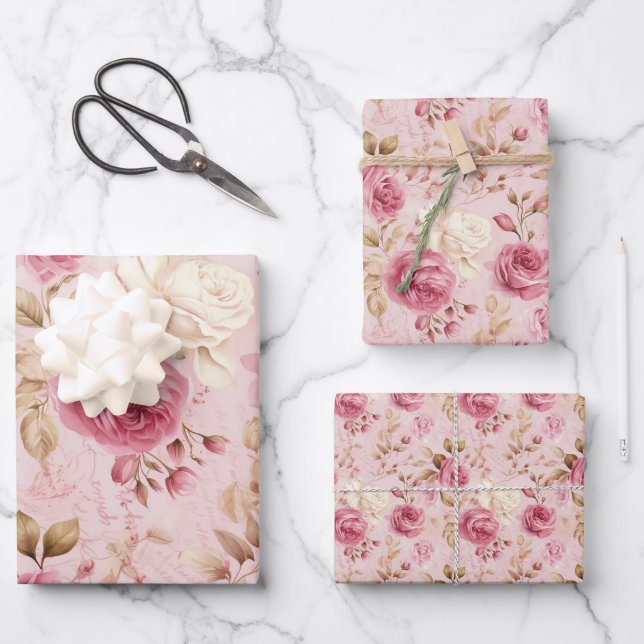 Pretty Pink  Shabby Chic Floral Pattern  Wrapping Paper Sheet (Front)