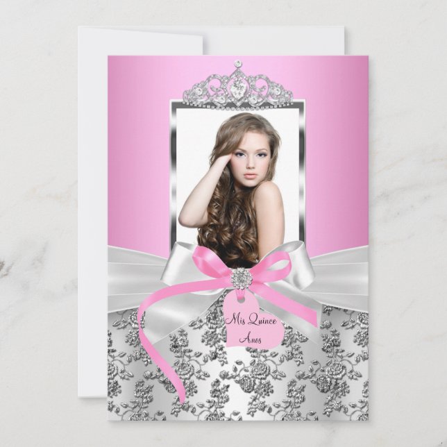 Pretty Pink Silver Bow & Rose Photo Quinceanera Invitation (Front)