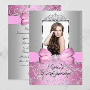 Pretty Pink Silver Bow & Tiara Quinceanera Invitation