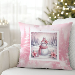 Pretty Pink Snow Scene Pillow Sweet Snowman