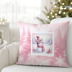 Pretty Pink Snowman Winter Scene Kids Room Pillow