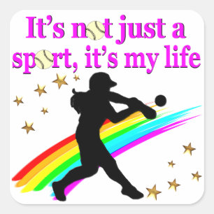PRETTY PINK SOFTBALL IS MY LIFE DESIGN SQUARE STICKER