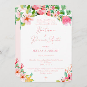 Pretty Pink Spanish Baptism 1st Birthday For Girl Invitation