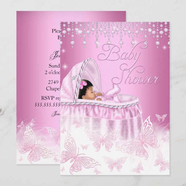 Pretty Pink Sparkle Butterfly Baby Shower Ethnic Invitation (Front/Back)
