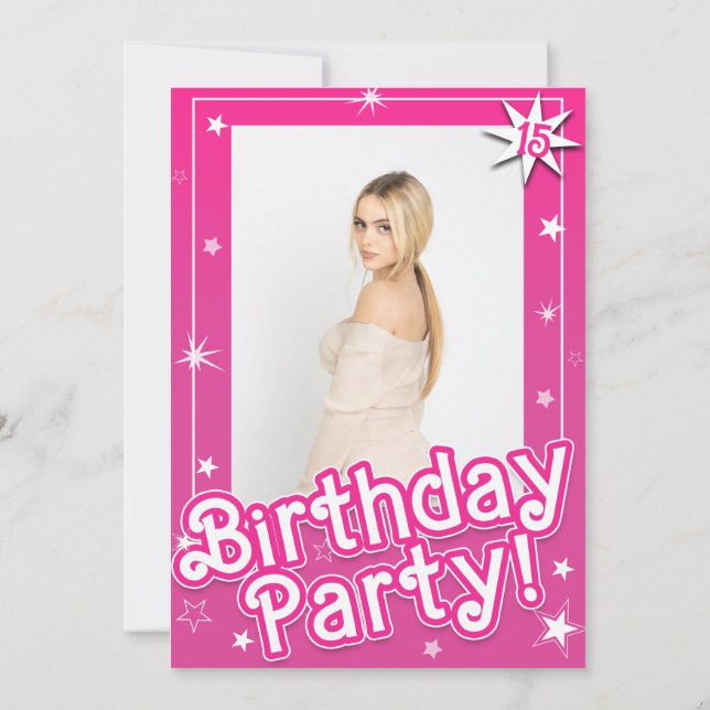 Pretty Pink Sparkle Stars Birthday Party Photo Invitation (Back)