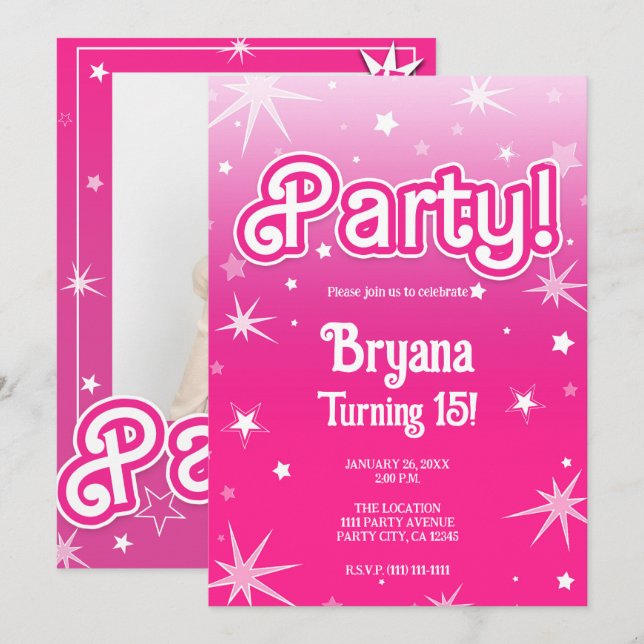 Pretty Pink Sparkle Stars Party Photo Invitation (Front/Back)
