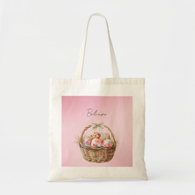 Pretty Pink Spring Floral Easter Eggs Basket Bow Tote Bag (Front)