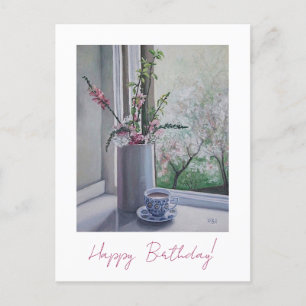 Pretty pink spring flowers still life art birthday postcard