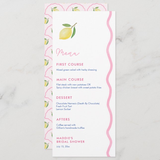 Pretty Pink Squiggle Lemon Bridal Shower Luncheon Menu (Front/Back)