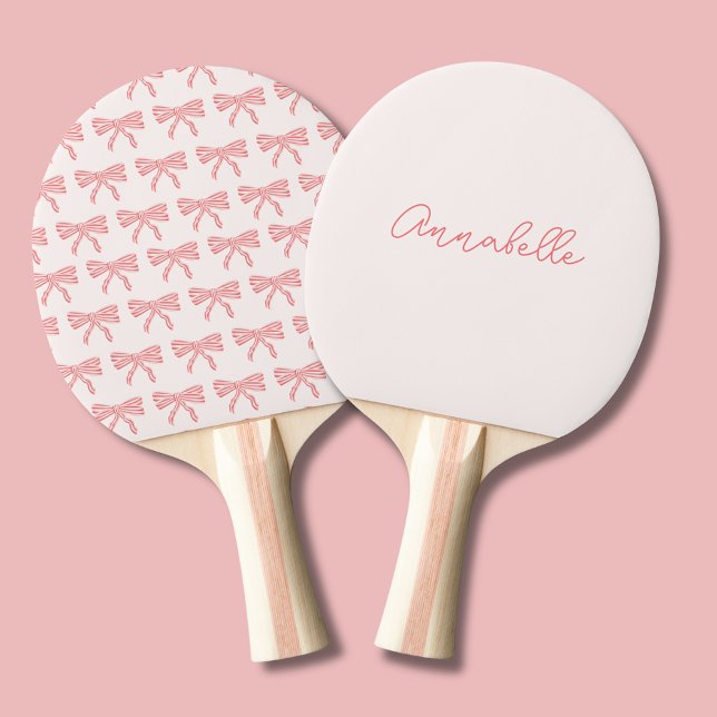 Pretty pink striped bow name ping pong paddle (Coquette Pink bow pig pong bat, personalize with your own name or choice of text.)