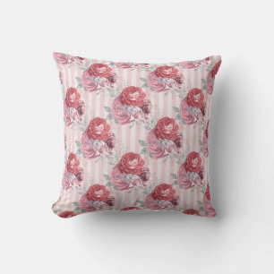 Pretty Pink Striped Floral Pattern Cushion