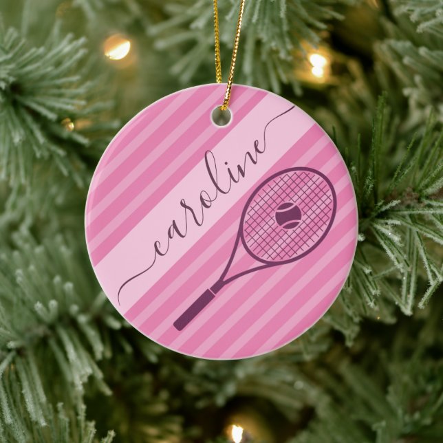 Pretty Pink Striped Tennis Racket Ball Girl's Name Ceramic Ornament (Tree)