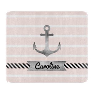 Pretty Pink Stripes Watercolor Anchor Custom Cutting Board