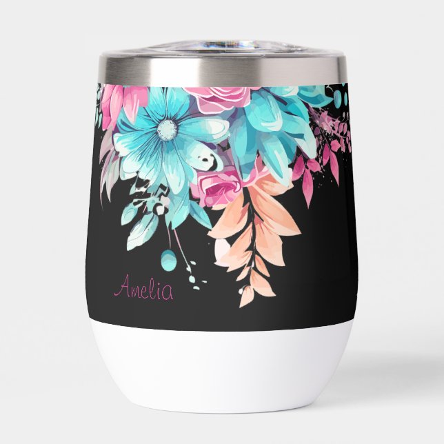 Pretty Pink & Teal Floral Thermal Tumbler (Front)