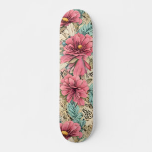 Pretty Pink & Teal Vintage Inspired Florals Skateboard