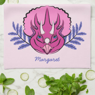 Pretty Pink Triceratops Dinosaur Personalised Tea Towel