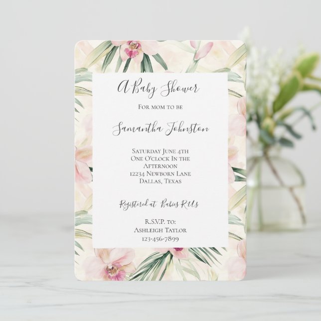 Pretty Pink Tropical Orchid Flowers Baby Shower Invitation (Standing Front)