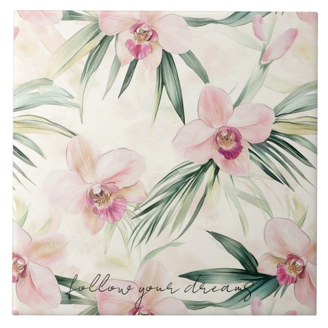 Pretty Pink Tropical Orchid Flowers Ceramic Tile (Front)