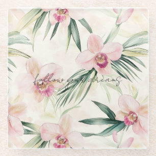 Pretty Pink Tropical Orchid Flowers Glass Coaster