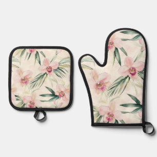 Pretty Pink Tropical Orchid Flowers Oven Mitt & Pot Holder Set