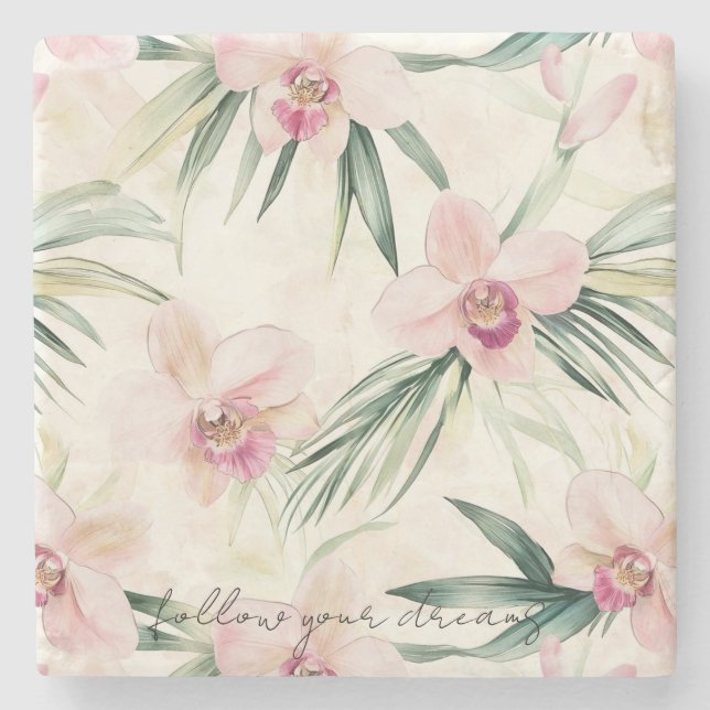 Pretty Pink Tropical Orchid Flowers Stone Coaster (Front)