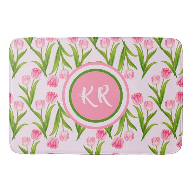 Pretty Pink Tulip Floral Flowers Leaves Monogram Bath Mat (Front)