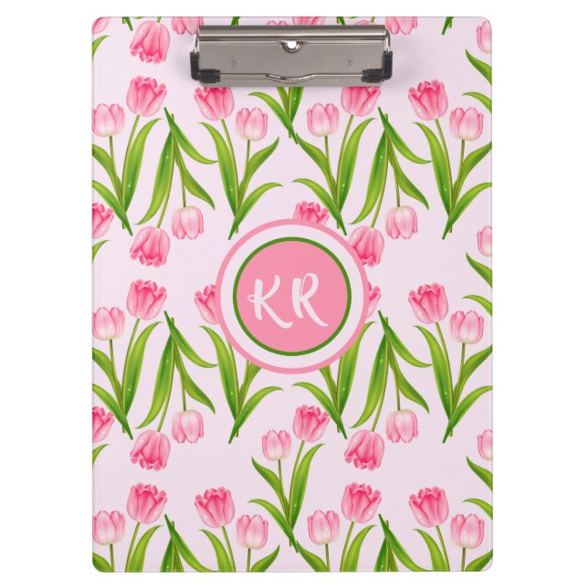 Pretty Pink Tulip Floral Flowers Leaves Monogram Clipboard (Front)