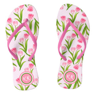 Pretty Pink Tulip Floral Flowers Leaves Monogram F Thongs