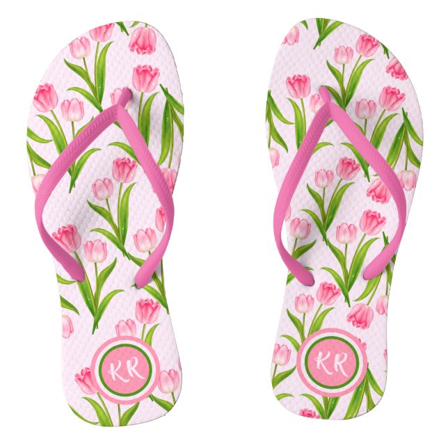 Pretty Pink Tulip Floral Flowers Leaves Monogram F Thongs (Footbed)