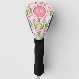 Pretty Pink Tulip Floral Flowers Leaves Monogram Golf Head Cover