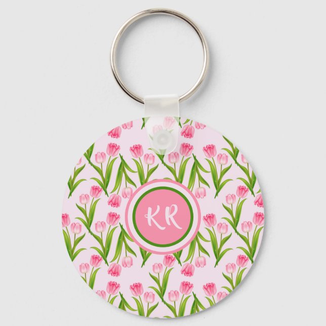 Pretty Pink Tulip Floral Flowers Leaves Monogram  Key Ring (Front)