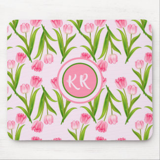 Pretty Pink Tulip Floral Flowers Leaves Monogram Mouse Pad
